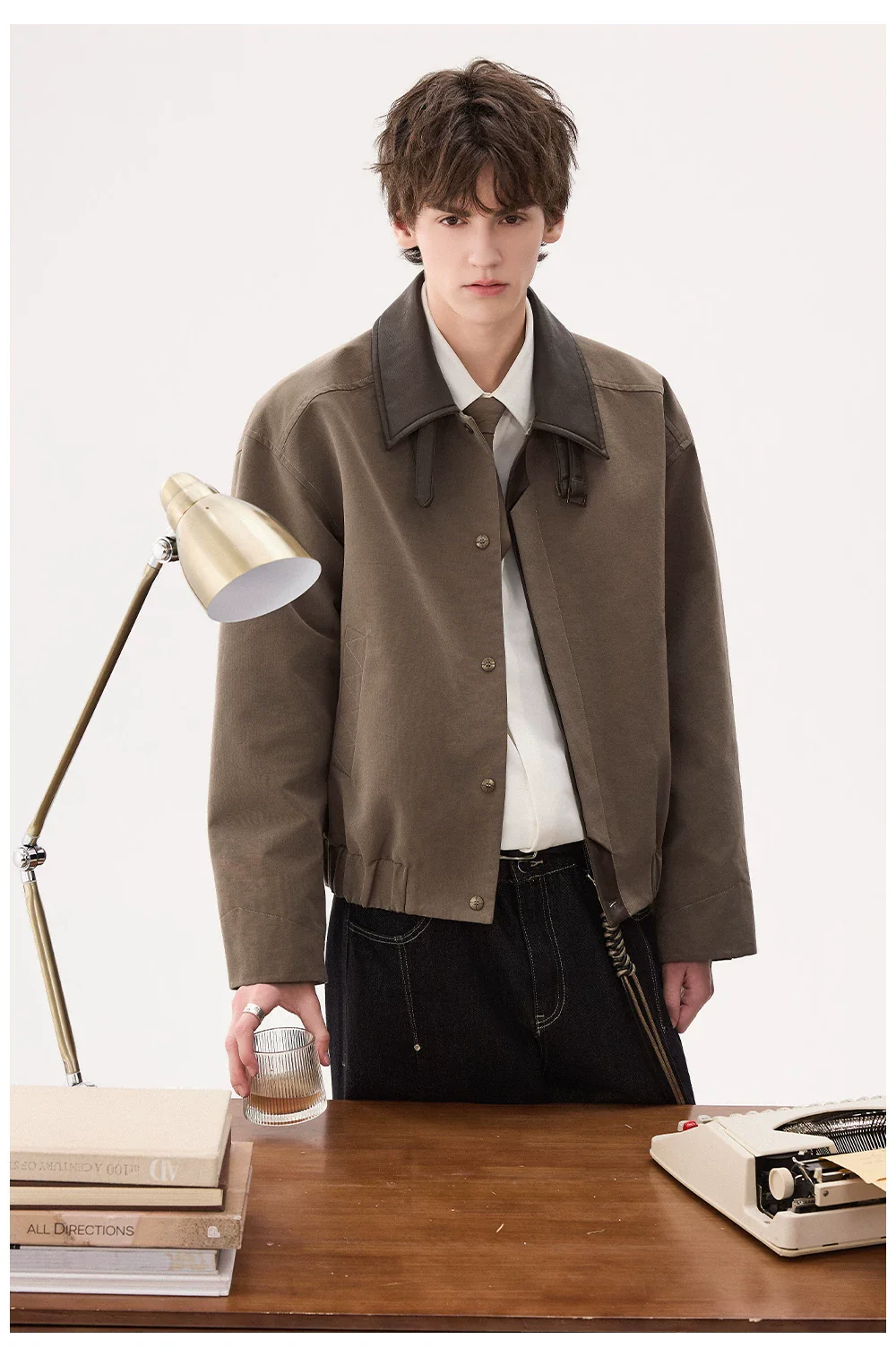 Colorblock Collar Leather Jacket - Image 9