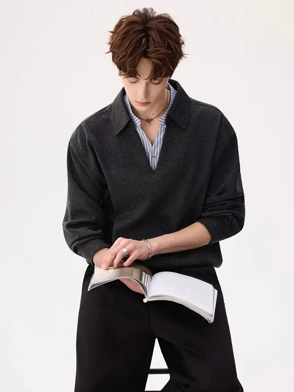 Cotton Linen Faux Layered Collar Sweatshirt - Image 3