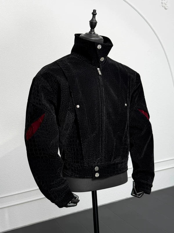 Crocodile-Pattern Velvet Short Wide Jacket - Image 4