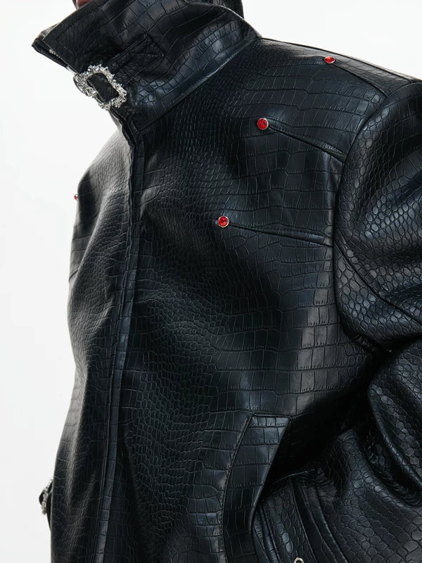 Crocodile Textured Stand Collar Leather Jacket - Image 10
