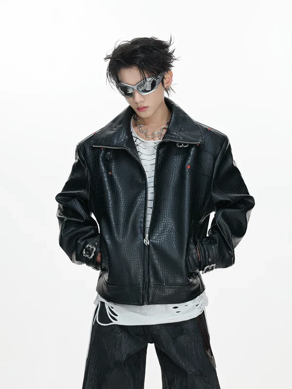 Crocodile Textured Stand Collar Leather Jacket - Image 3