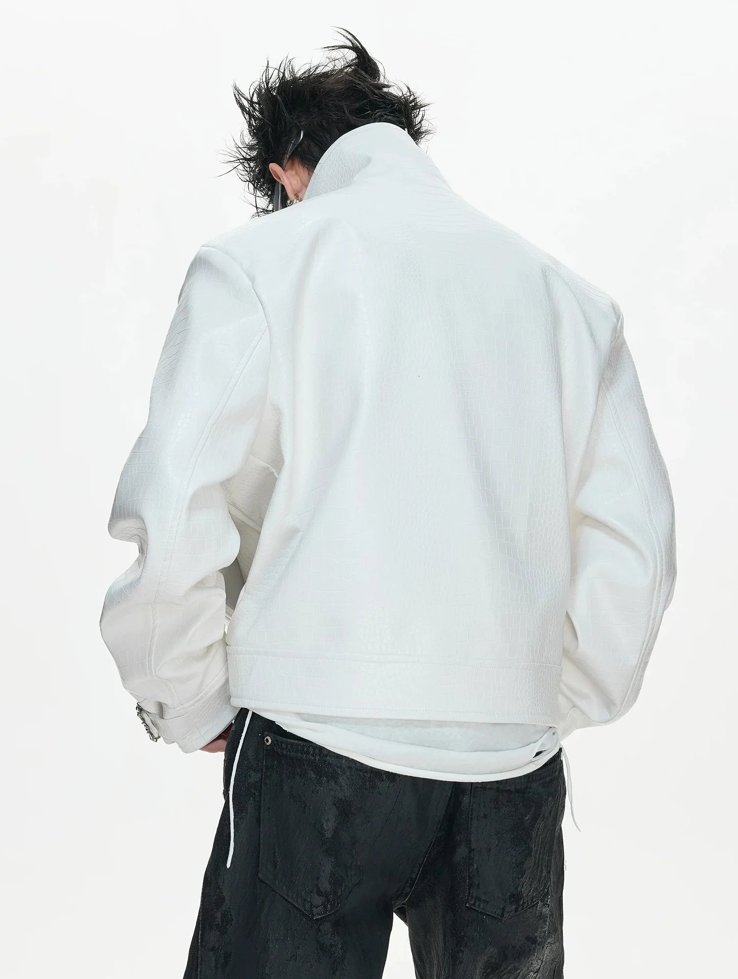 Crocodile Textured Stand Collar Leather Jacket - Image 6