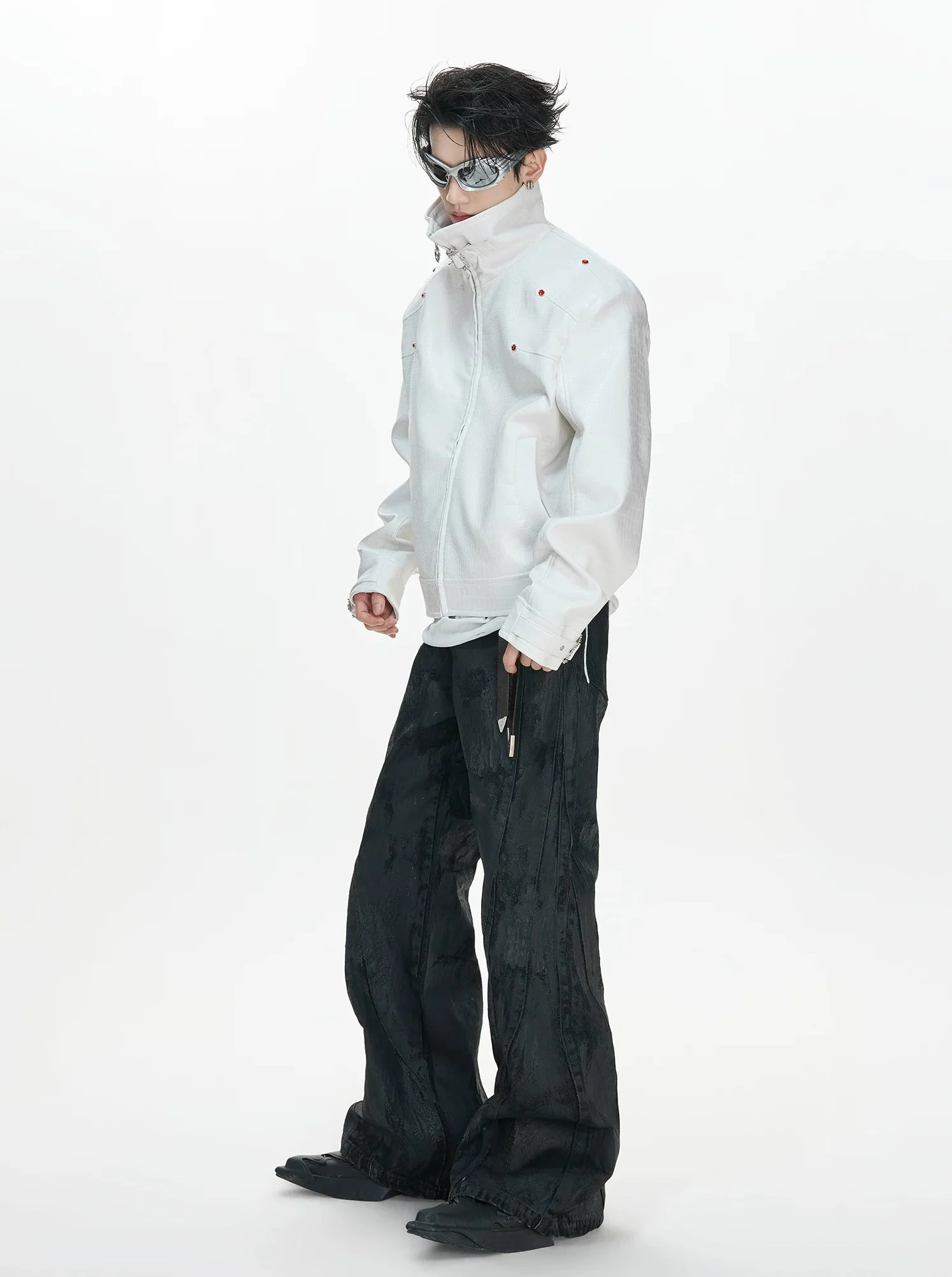Crocodile Textured Stand Collar Leather Jacket - Image 8