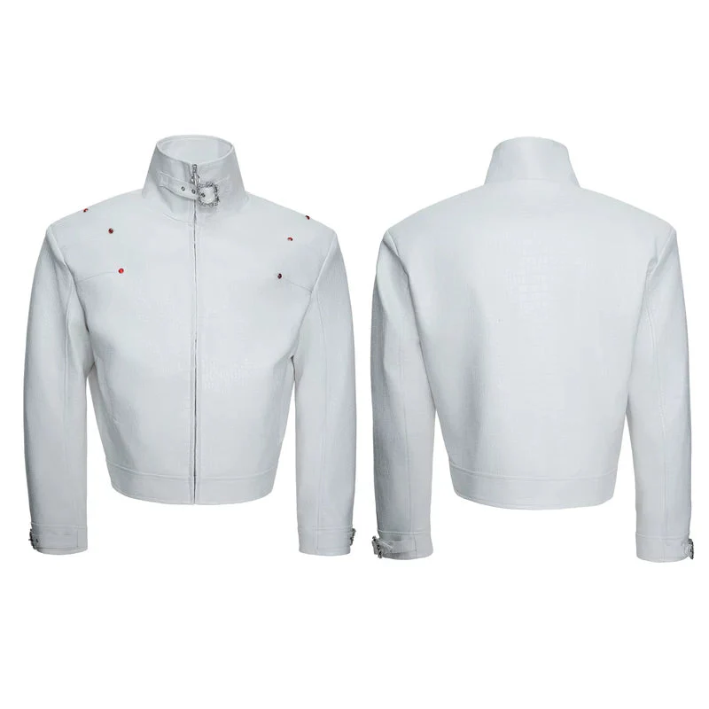 Crocodile Textured Stand Collar Leather Jacket - Image 9