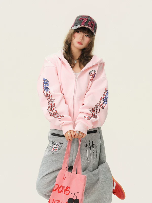 Cross Print Zip Up Hooded Cardigan - Image 3