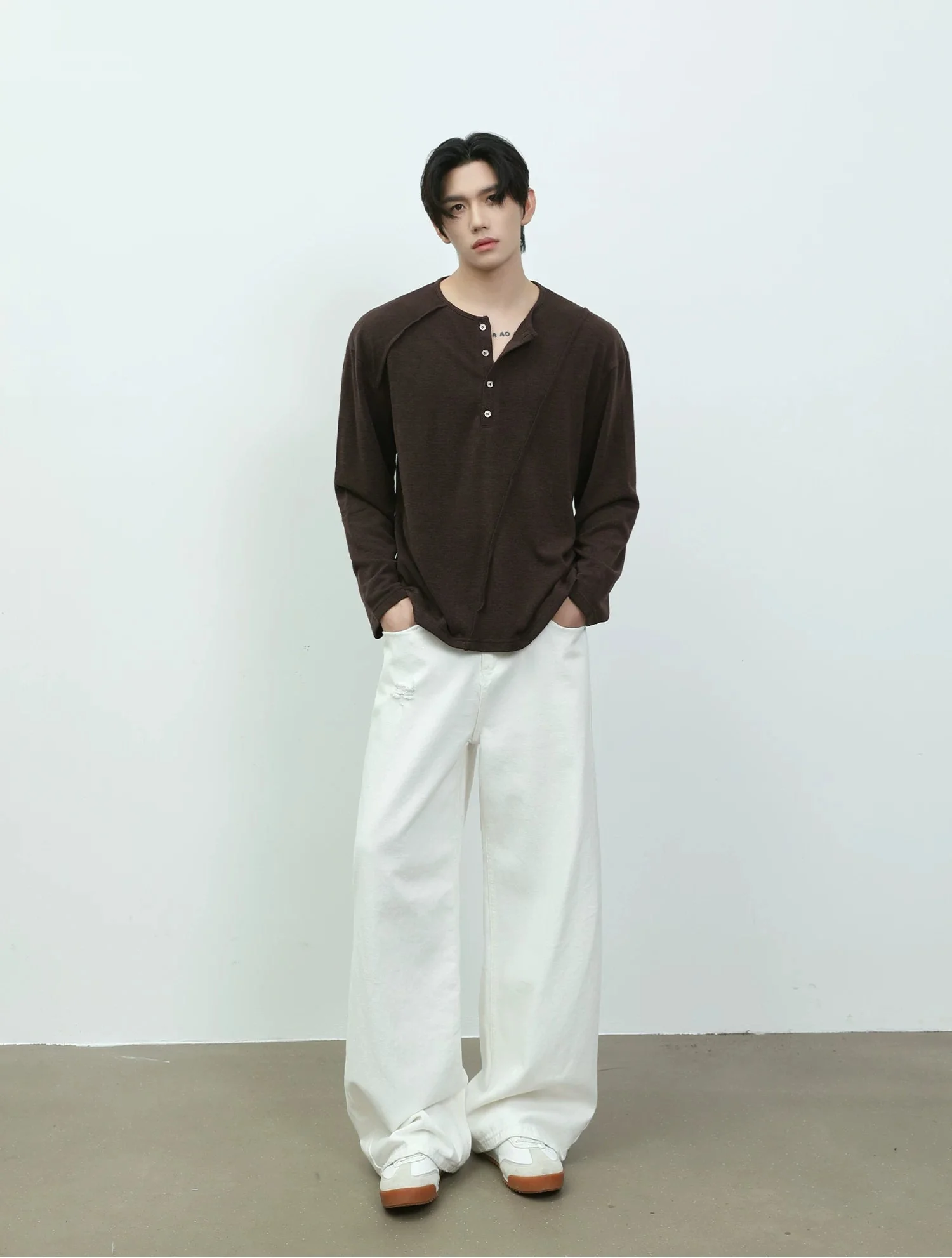 Deconstructed Long Sleeve Henley Shirt - Image 10