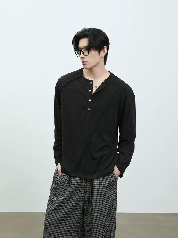 Deconstructed Long Sleeve Henley Shirt - Image 3