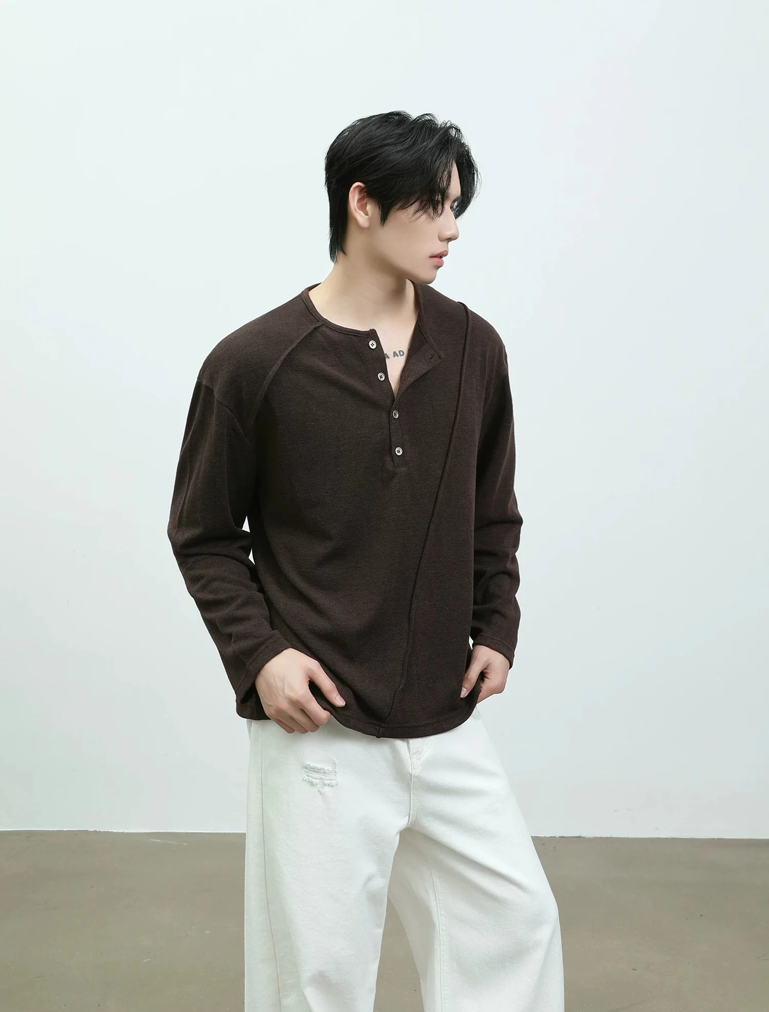 Deconstructed Long Sleeve Henley Shirt - Image 4