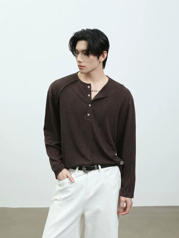 Deconstructed Long Sleeve Henley Shirt - Image 7