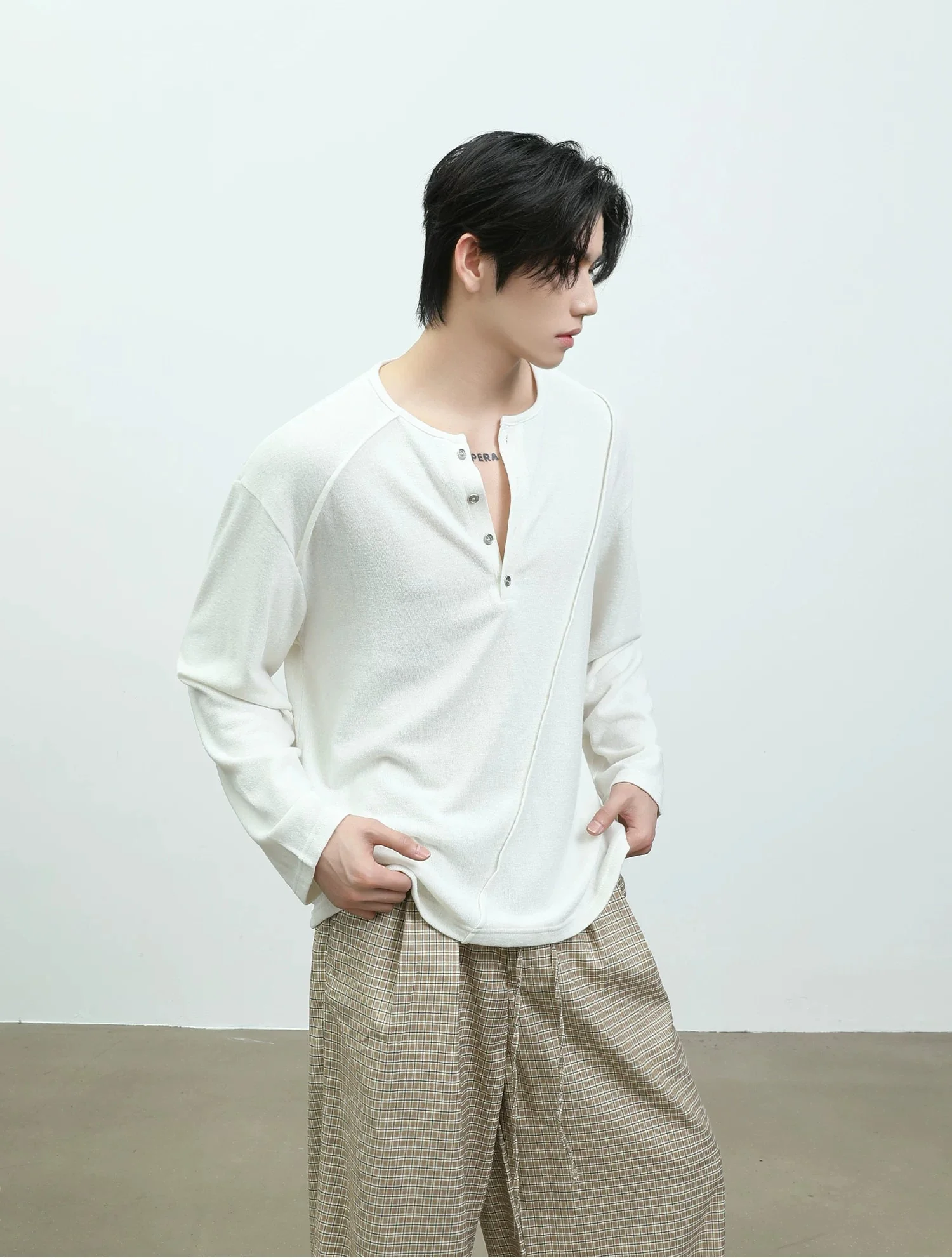 Deconstructed Long Sleeve Henley Shirt - Image 8