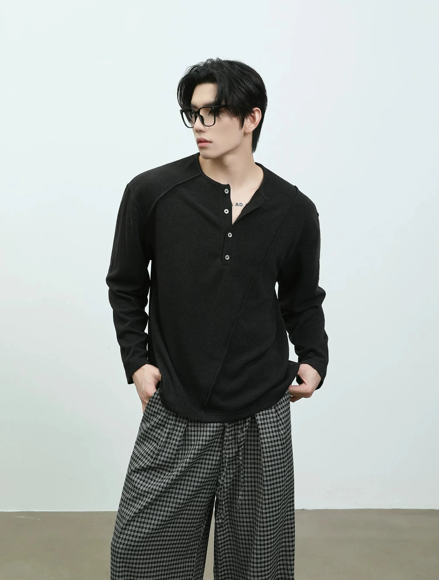 Deconstructed Long Sleeve Henley Shirt - Image 9