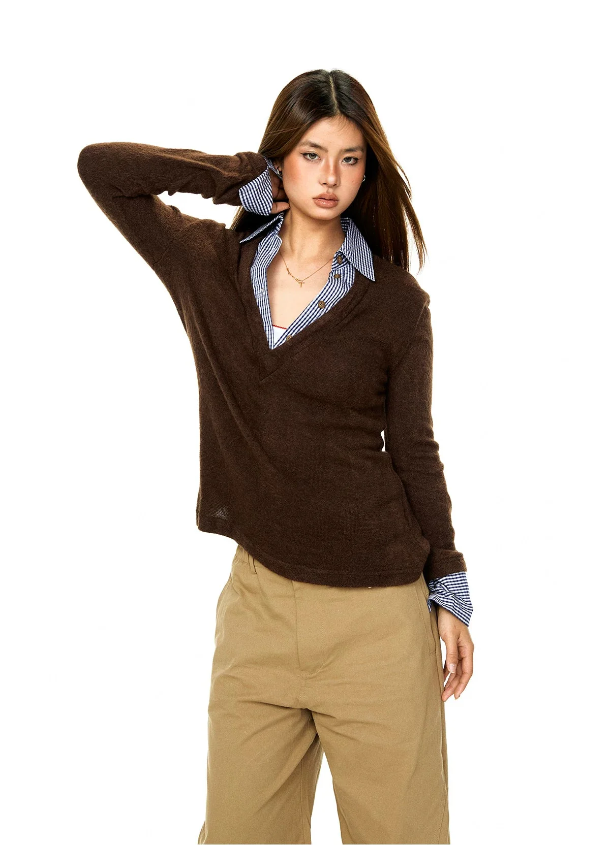 Deep V-Neck Faux Layered Shirt - Image 6
