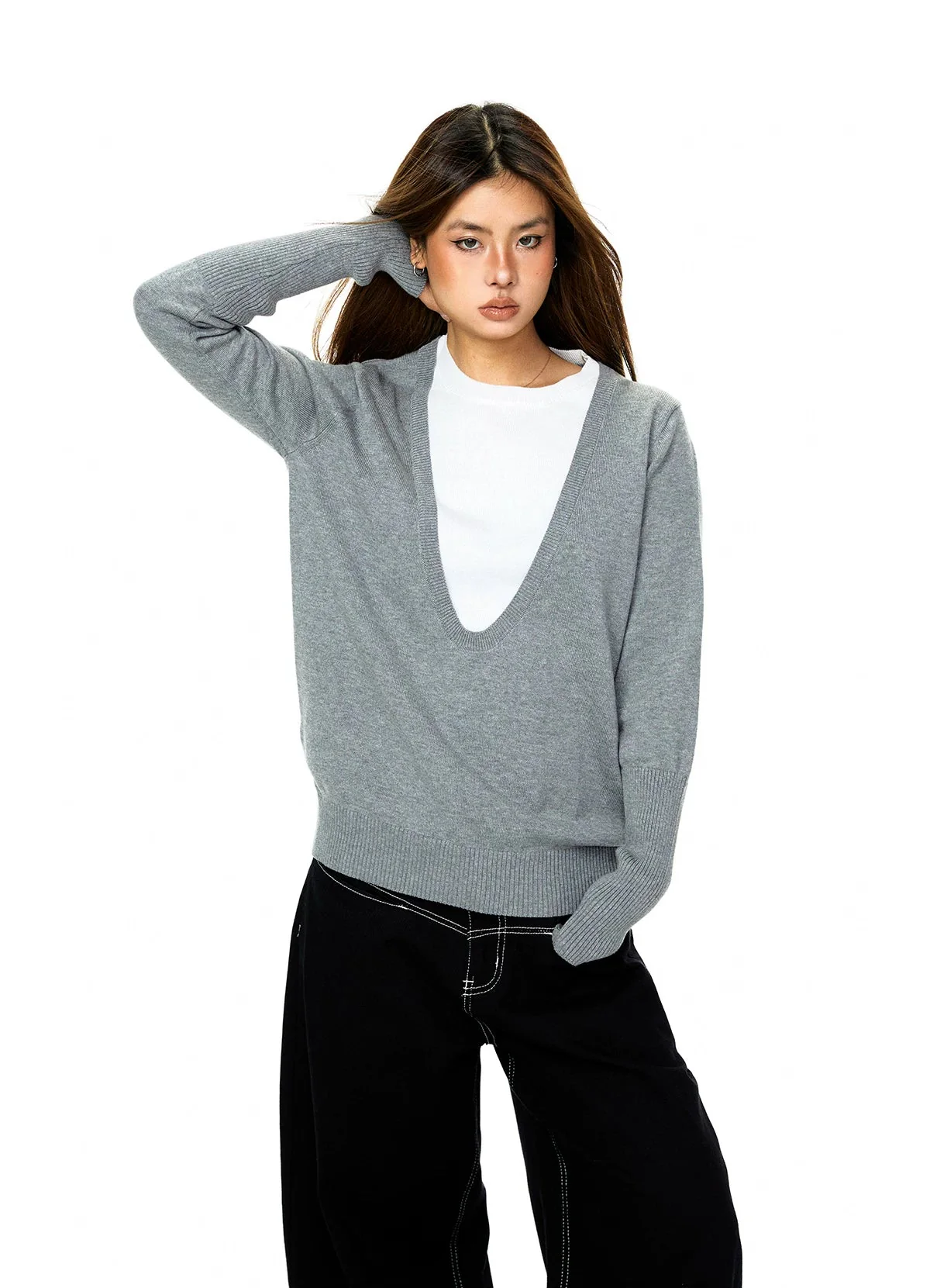 Deep V-Neck Two-Piece Knit Sweater - Image 7