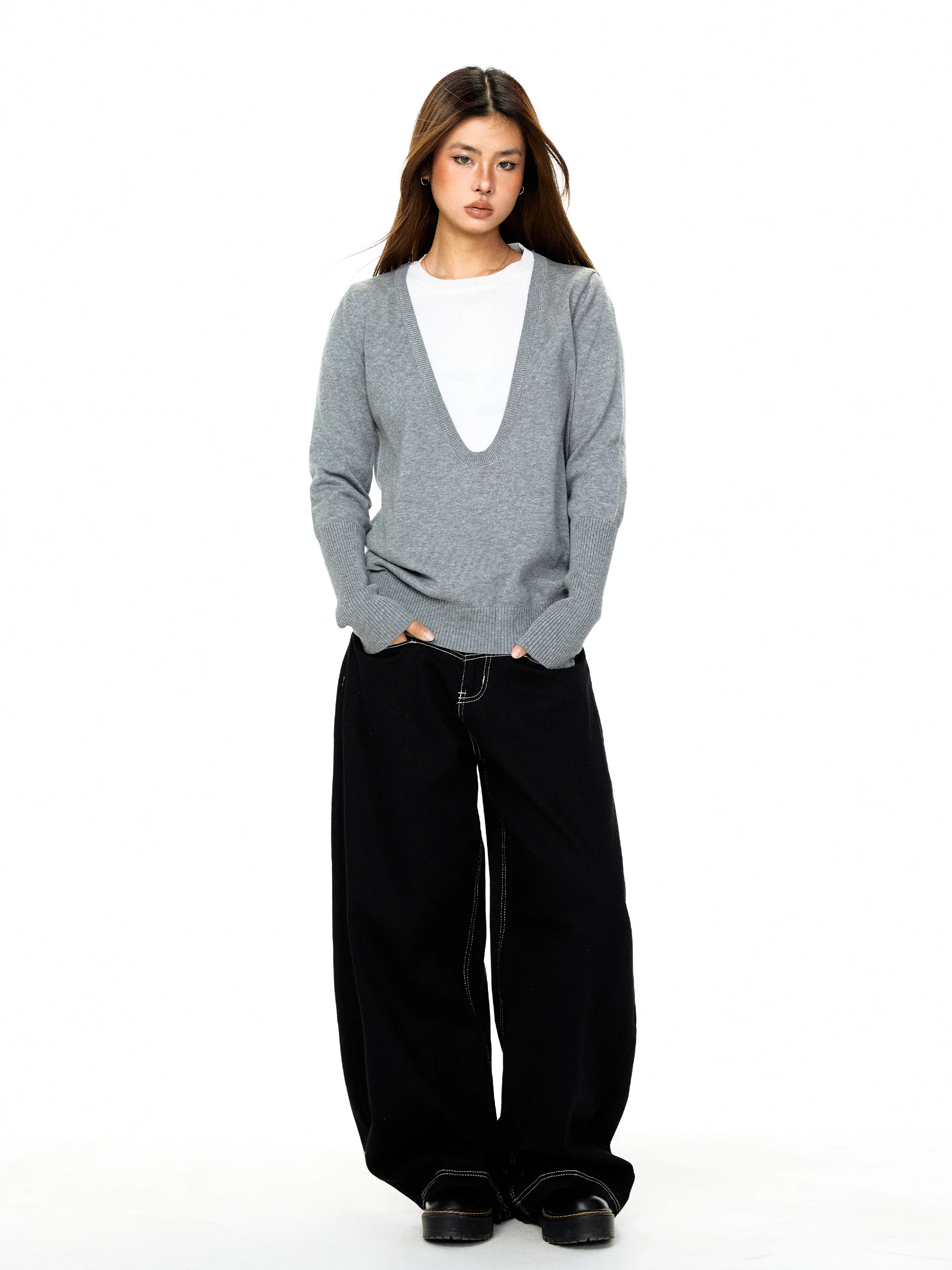 Deep V-Neck Two-Piece Knit Sweater - Image 9