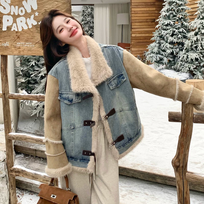 Denim Patchwork Faux Fur Lined Jacket - Image 3