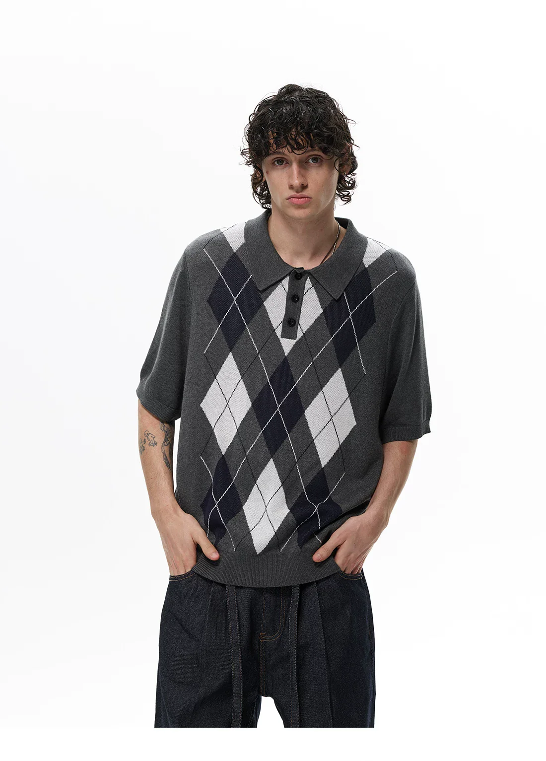 Diamond Pattern Short-Sleeve Knit Sweater