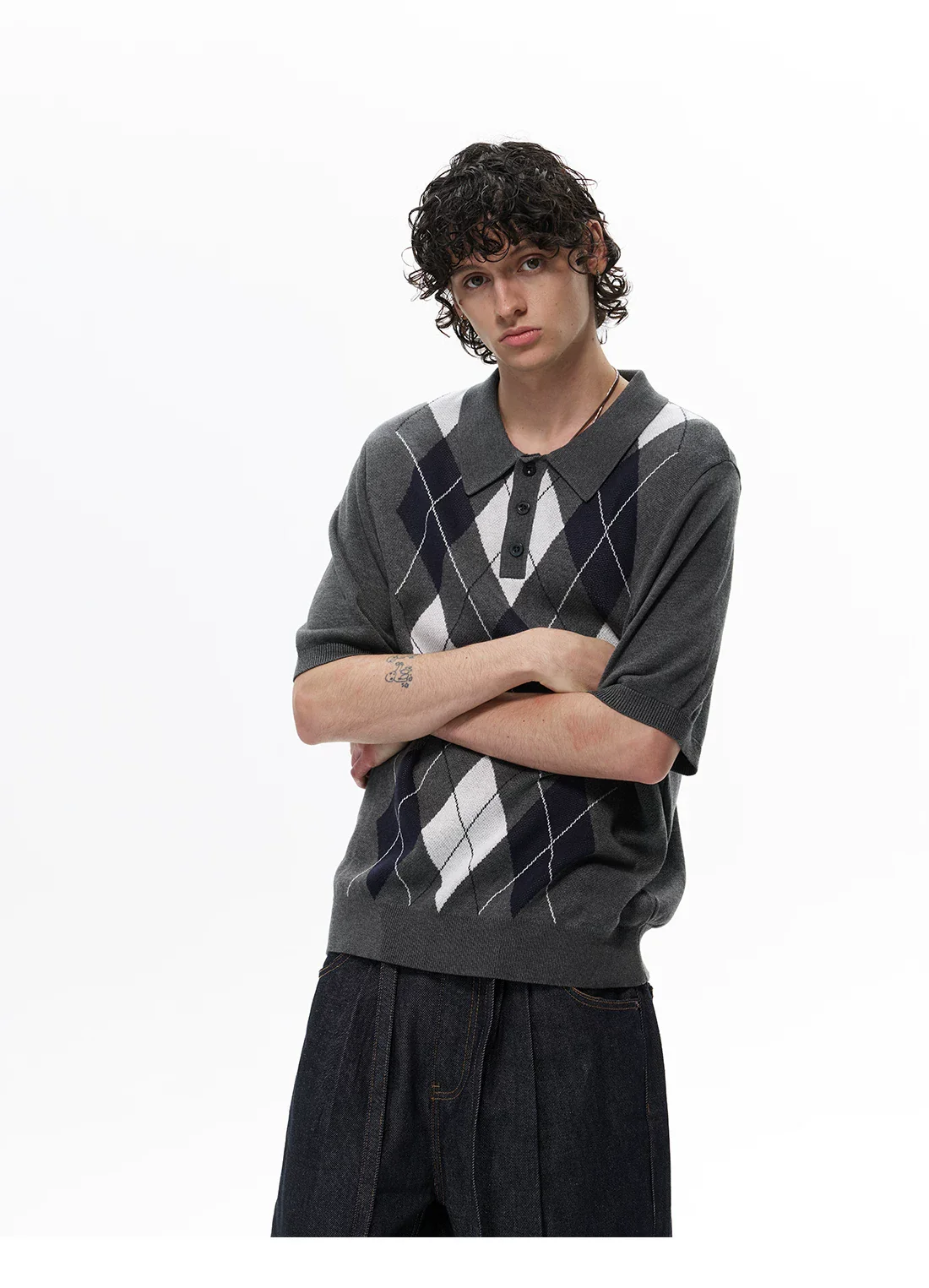 Diamond Pattern Short-Sleeve Knit Sweater - Image 2