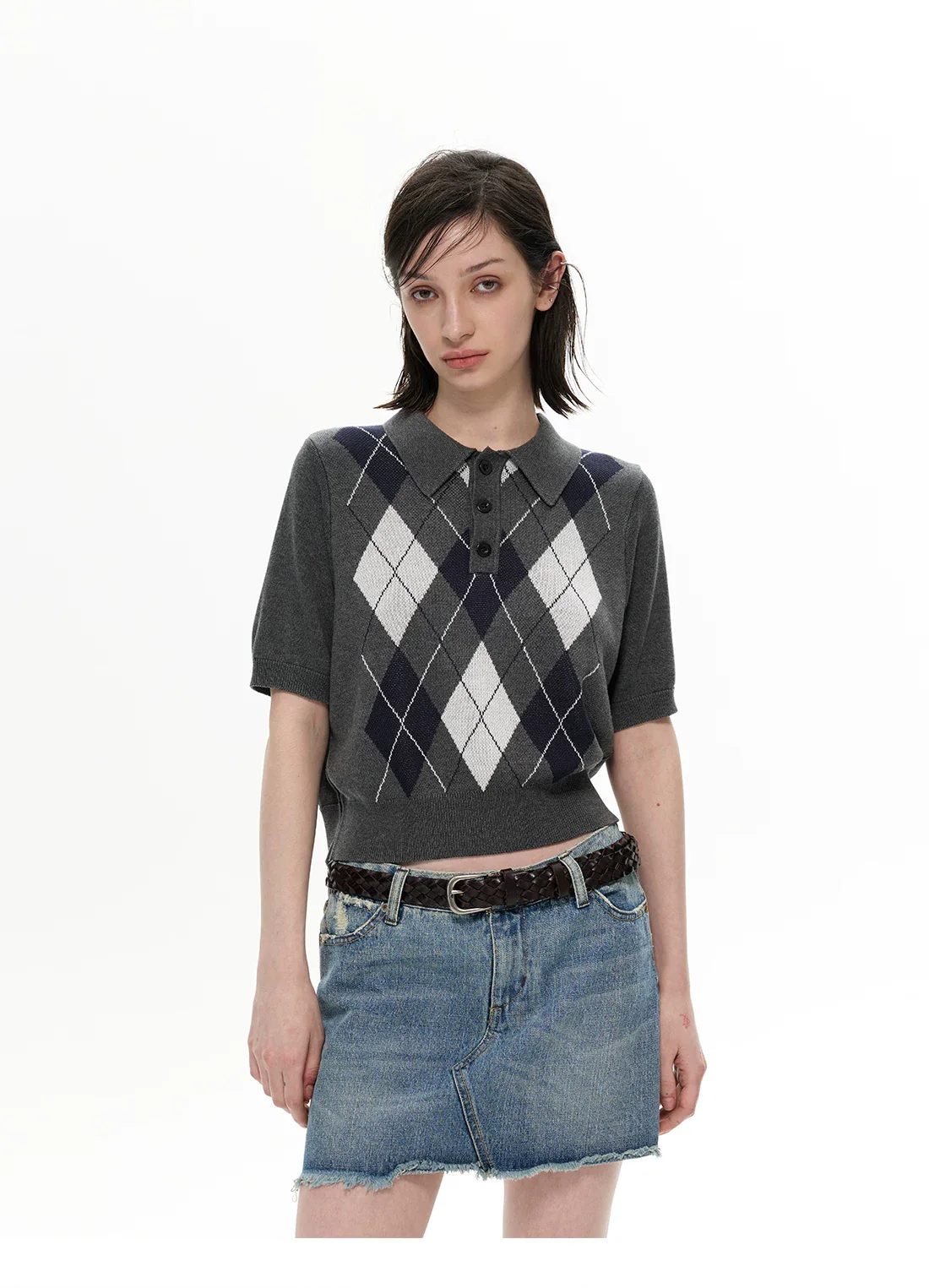 Diamond Pattern Short-Sleeve Knit Sweater - Image 4