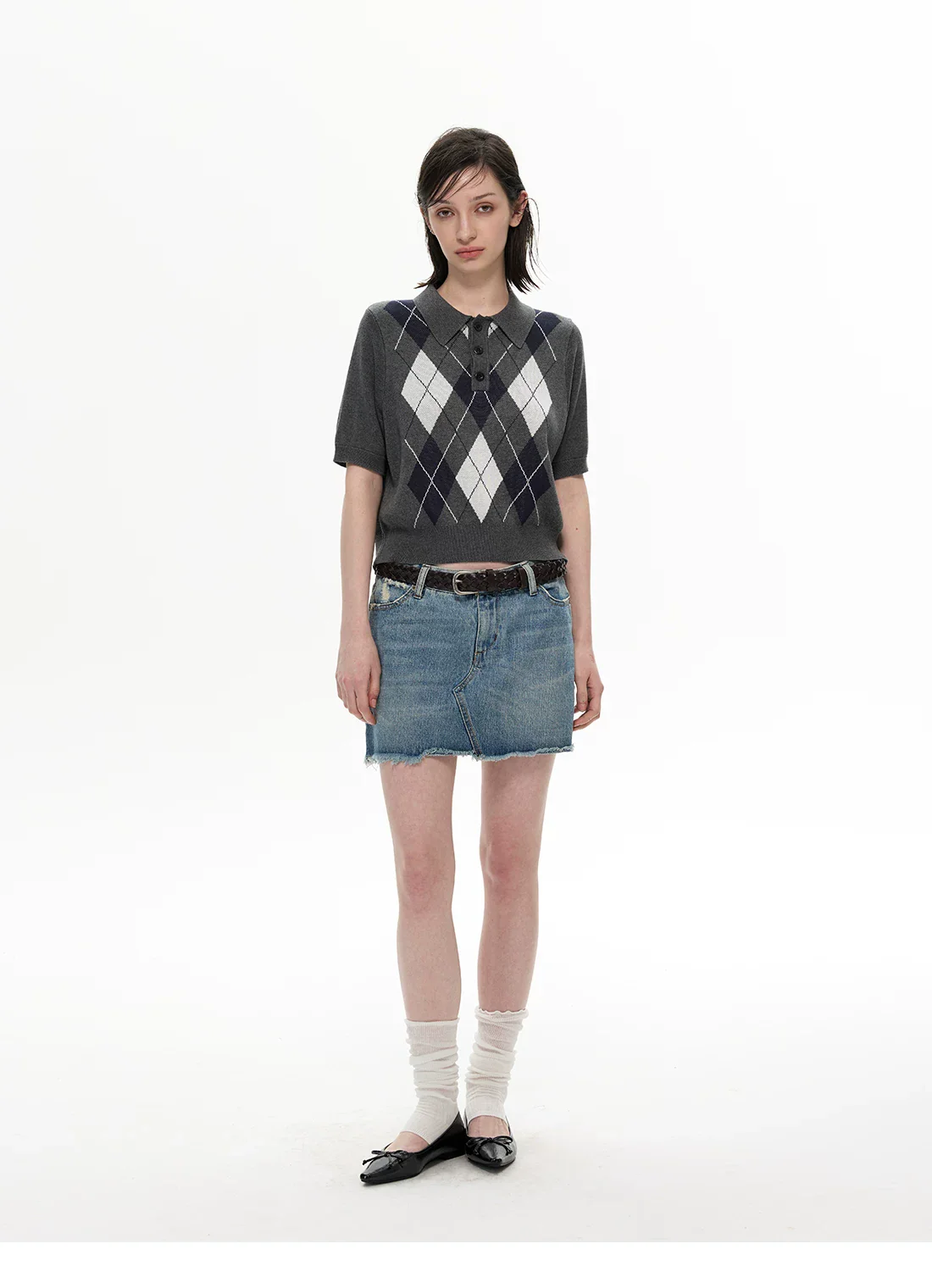 Diamond Pattern Short-Sleeve Knit Sweater - Image 7
