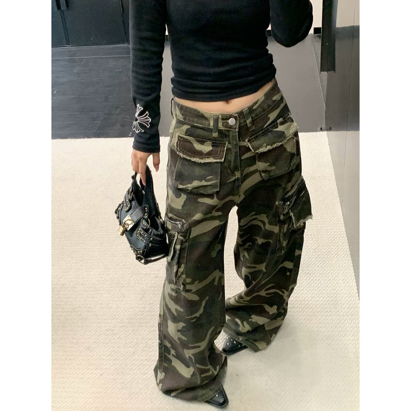 Distressed Camouflage Wide Leg Cargo Pants - Image 2