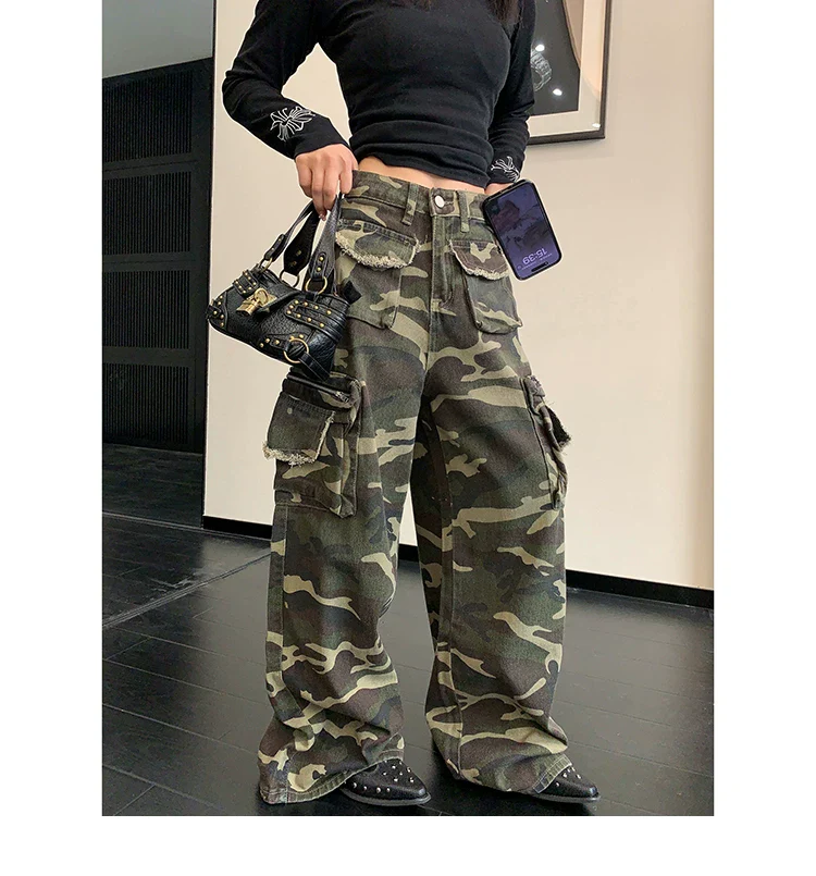 Distressed Camouflage Wide Leg Cargo Pants - Image 4