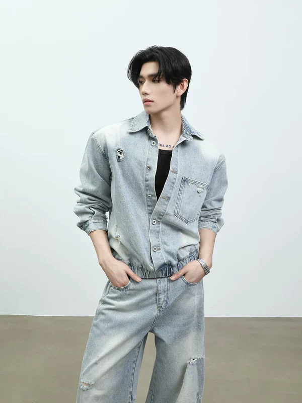 Distressed Denim Jacket and Wide-Leg Pants - Image 3