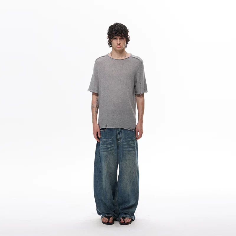 Distressed Linen Blend Short Sleeve T-shirt - Image 10