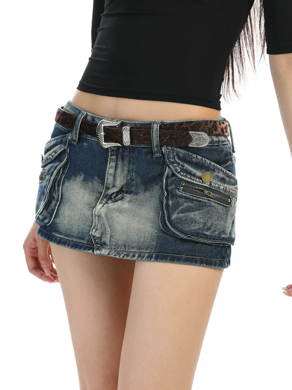 Distressed Multi-Pocket Denim Mini Skirt