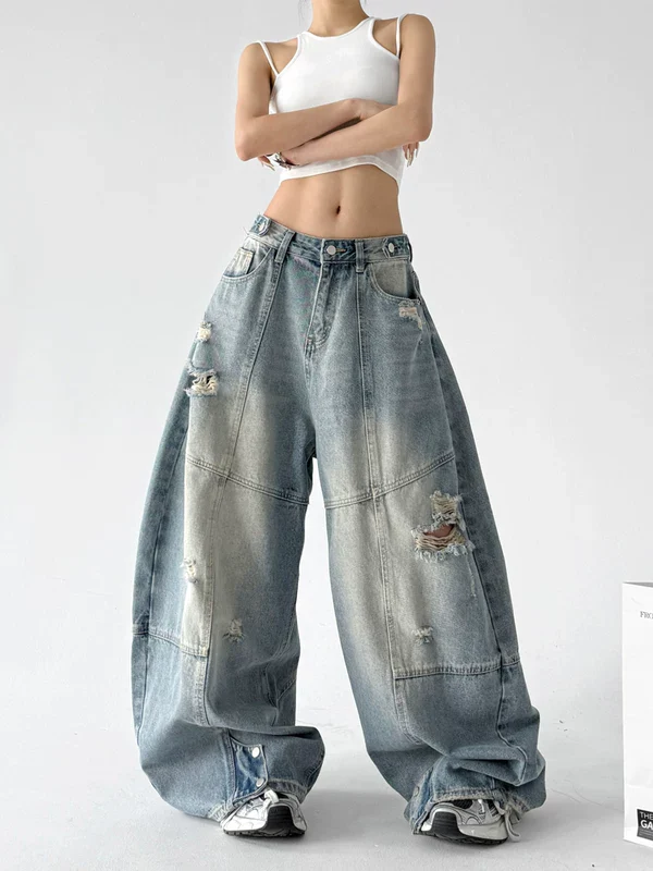 Distressed Patchwork Wide Leg Jeans - Image 3