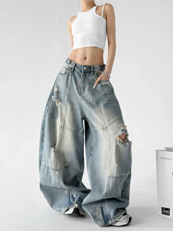 Distressed Patchwork Wide Leg Jeans - Image 5