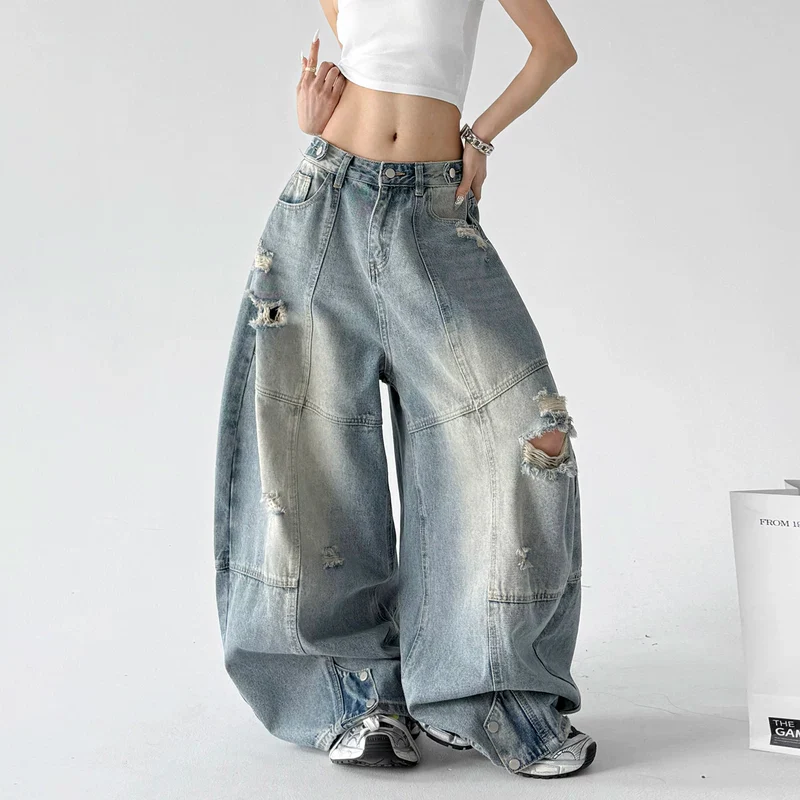 Distressed Patchwork Wide Leg Jeans - Image 6