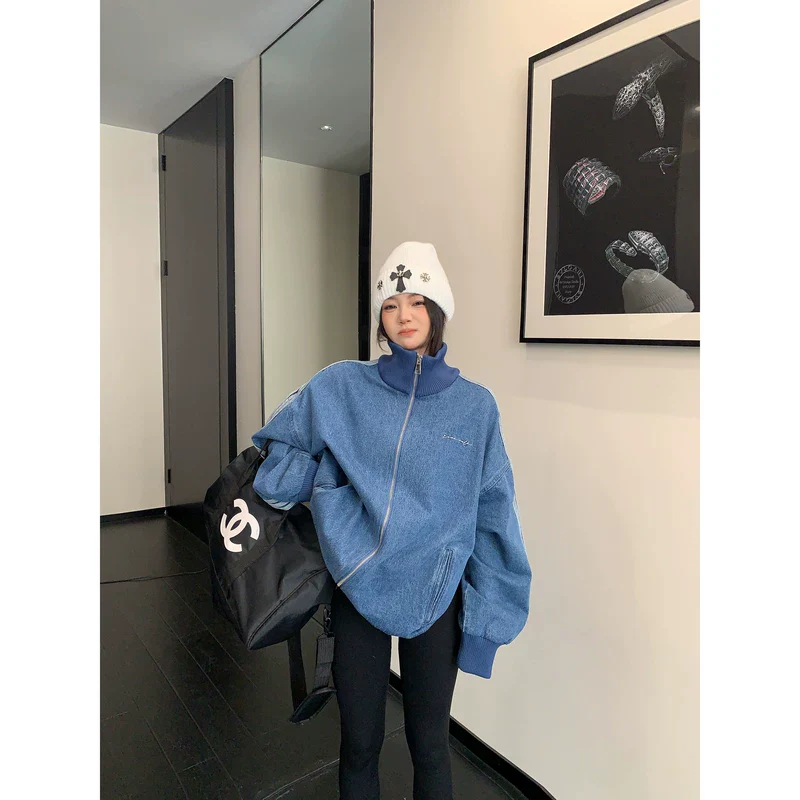 Distressed Retro Stand Collar Denim Jacket - Image 3