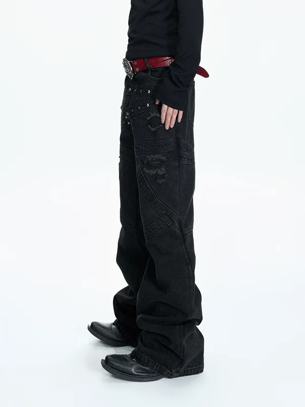 Distressed Rivet Patchwork Wide Leg Pants - Image 2