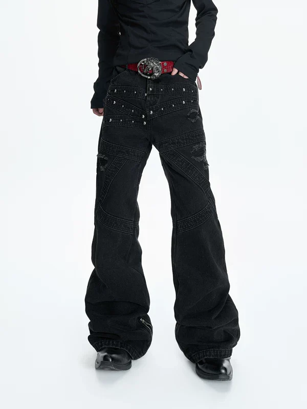Distressed Rivet Patchwork Wide Leg Pants - Image 4
