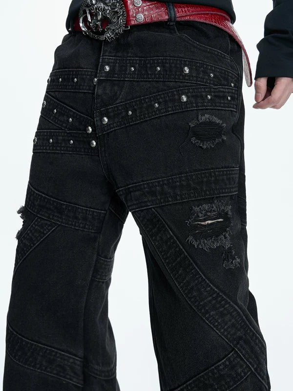 Distressed Rivet Patchwork Wide Leg Pants - Image 5