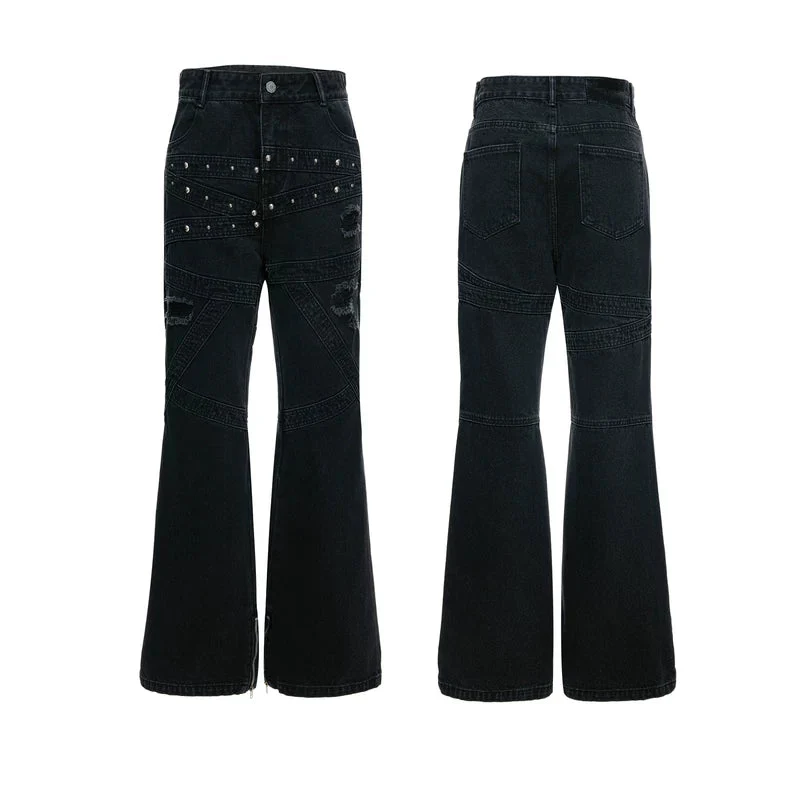 Distressed Rivet Patchwork Wide Leg Pants - Image 6