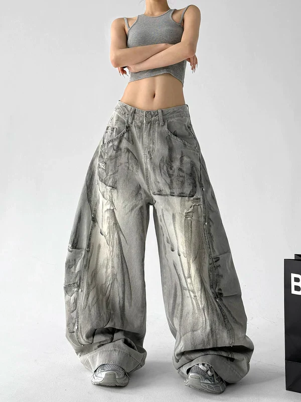 Distressed Wide Leg Curved Blade Jeans - Image 2