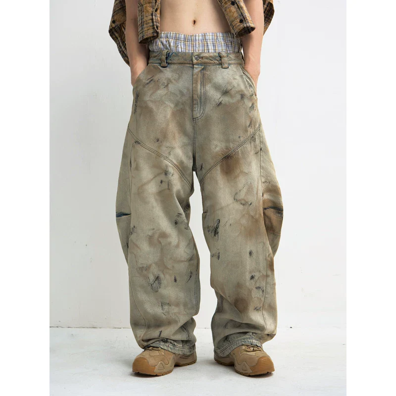 Distressed Wide-Leg Curved Denim Pants