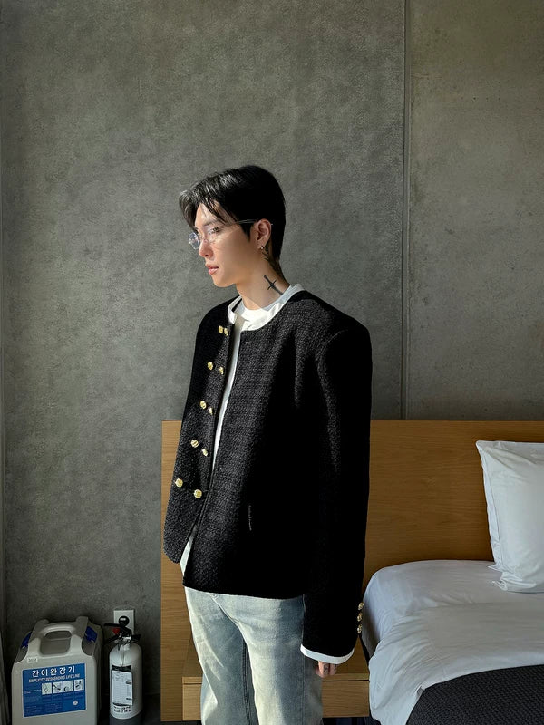 Double-Breasted Collarless Tweed Jacket - Image 2