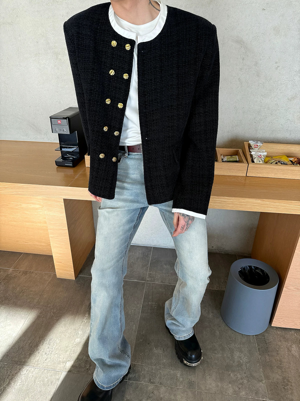 Double-Breasted Collarless Tweed Jacket - Image 6