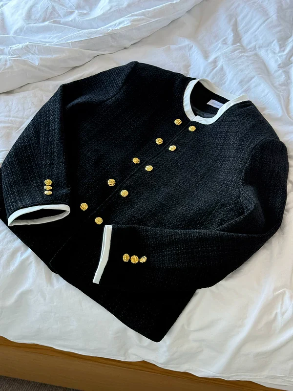 Double-Breasted Collarless Tweed Jacket - Image 9