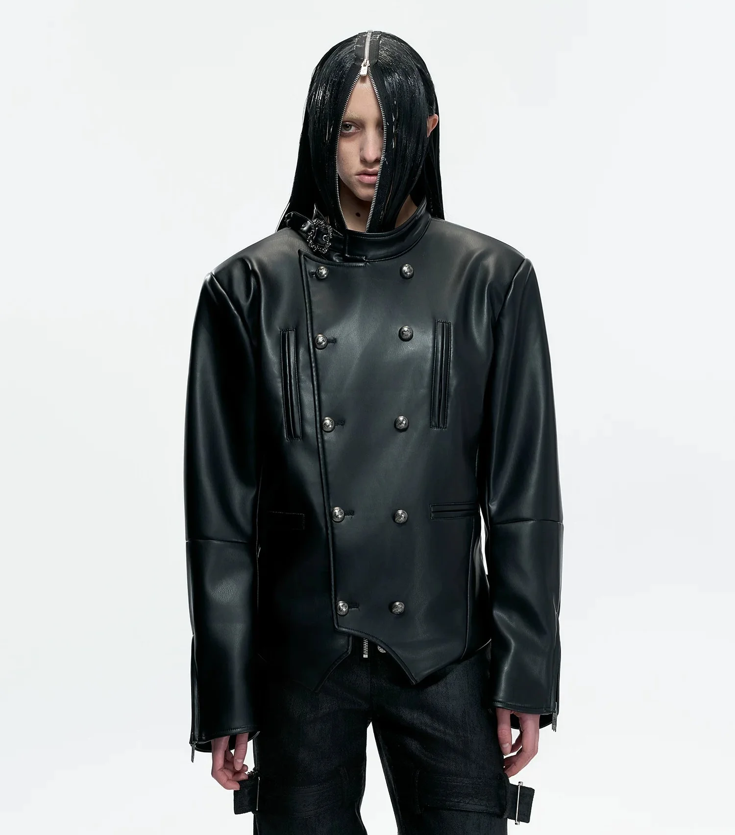 Double-Breasted Slim-Fit Leather Rider Jacket - Image 5