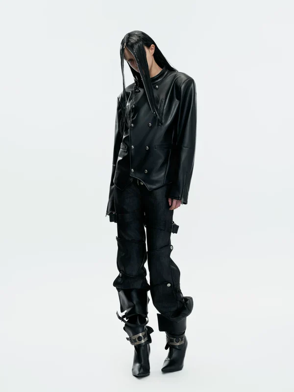 Double-Breasted Slim-Fit Leather Rider Jacket - Image 6
