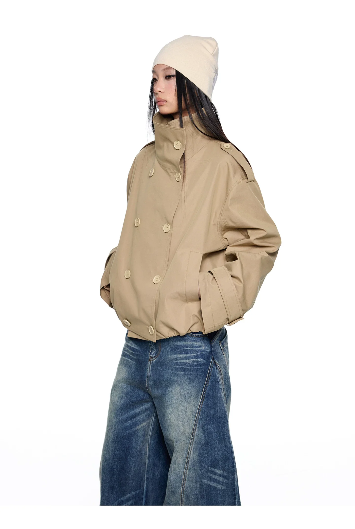 Double-Breasted Stand Collar Trench Jacket - Image 3