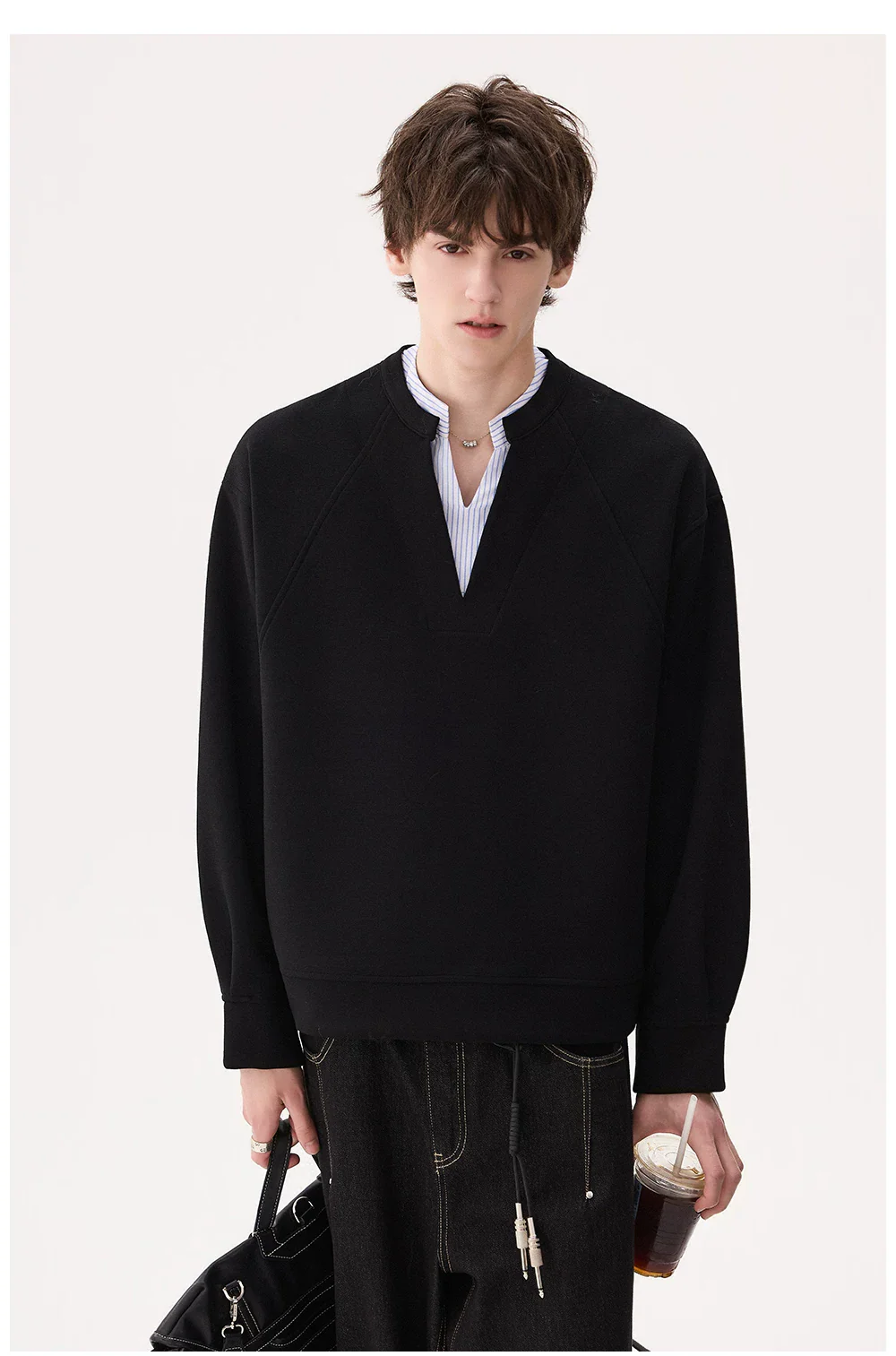 Double V-Neck Pullover Sweatshirt
