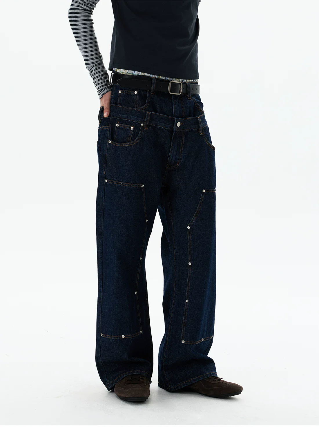 Double Waist Riveted Denim Pants - Image 5