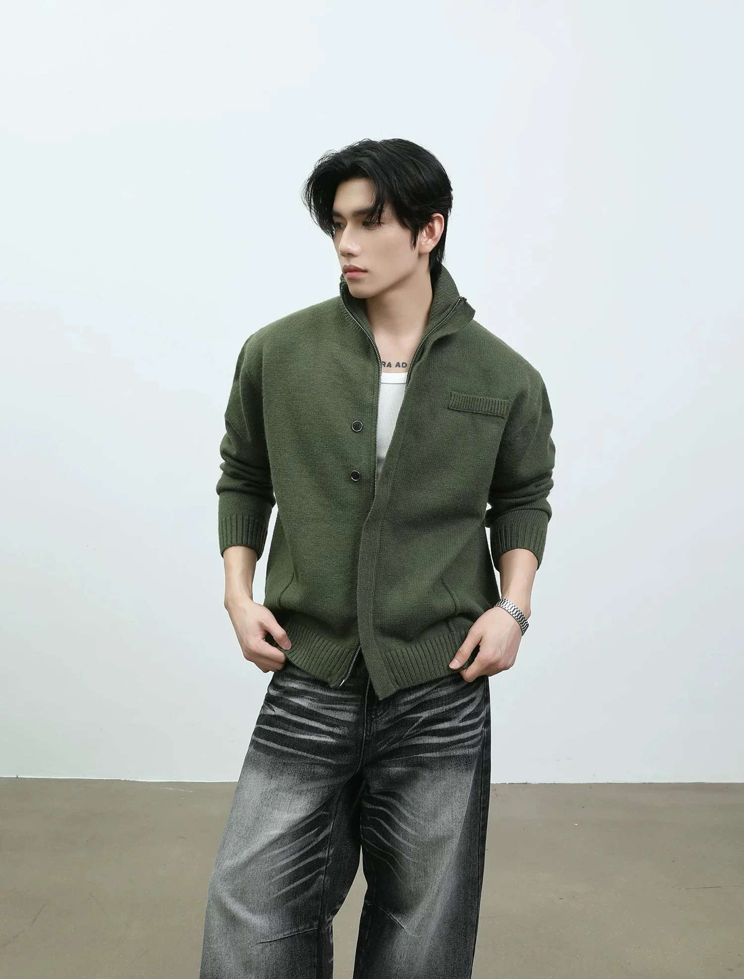 Double Zipper High Neck Knit Cardigan - Image 4