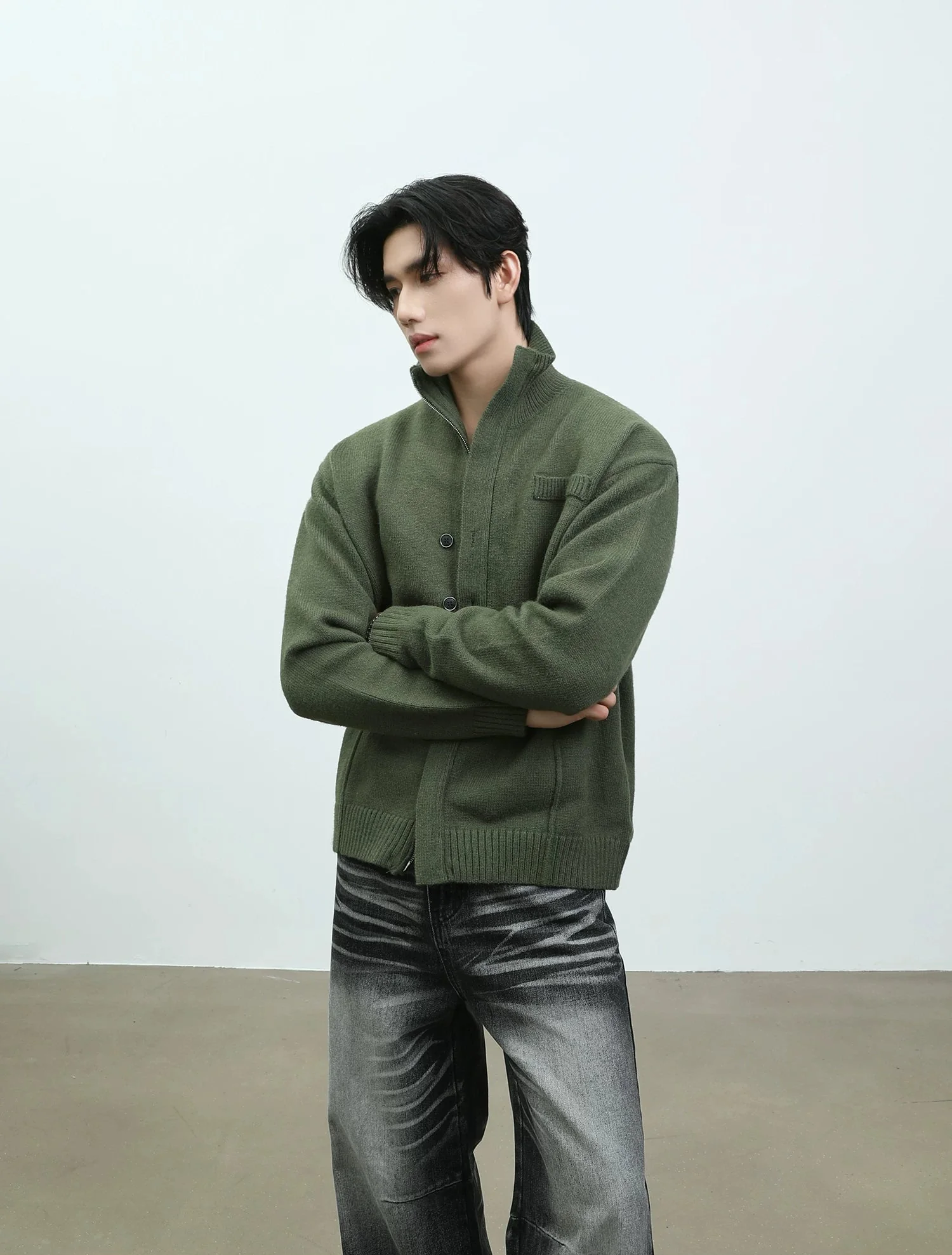 Double Zipper High Neck Knit Cardigan - Image 8