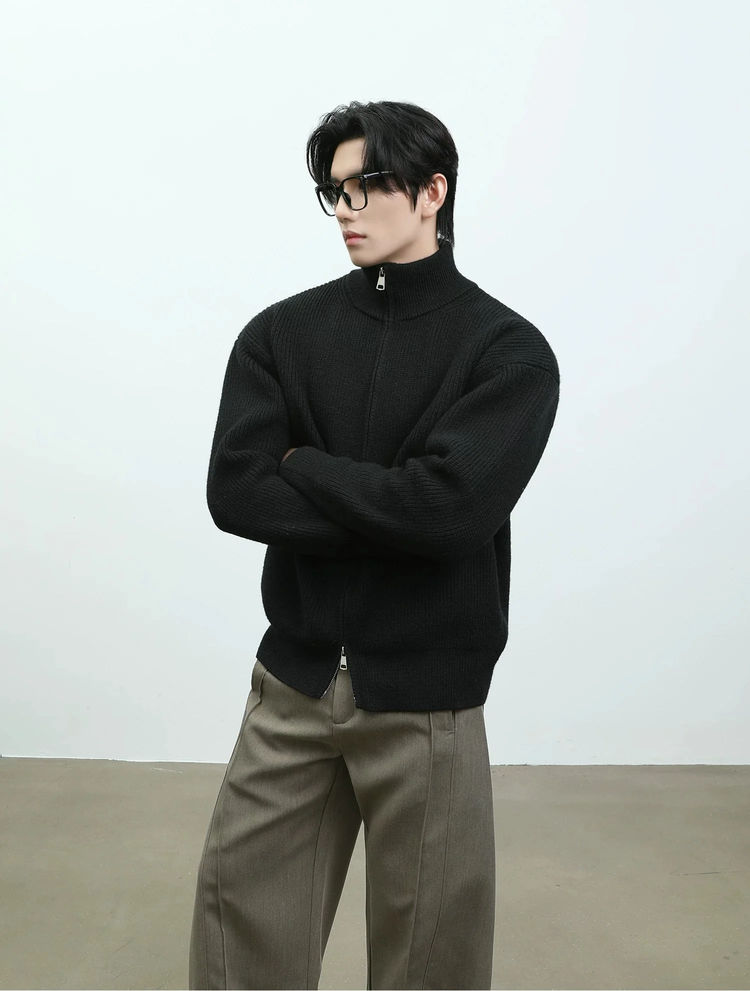 Double Zipper Stand Collar Knit Cardigan - Image 6