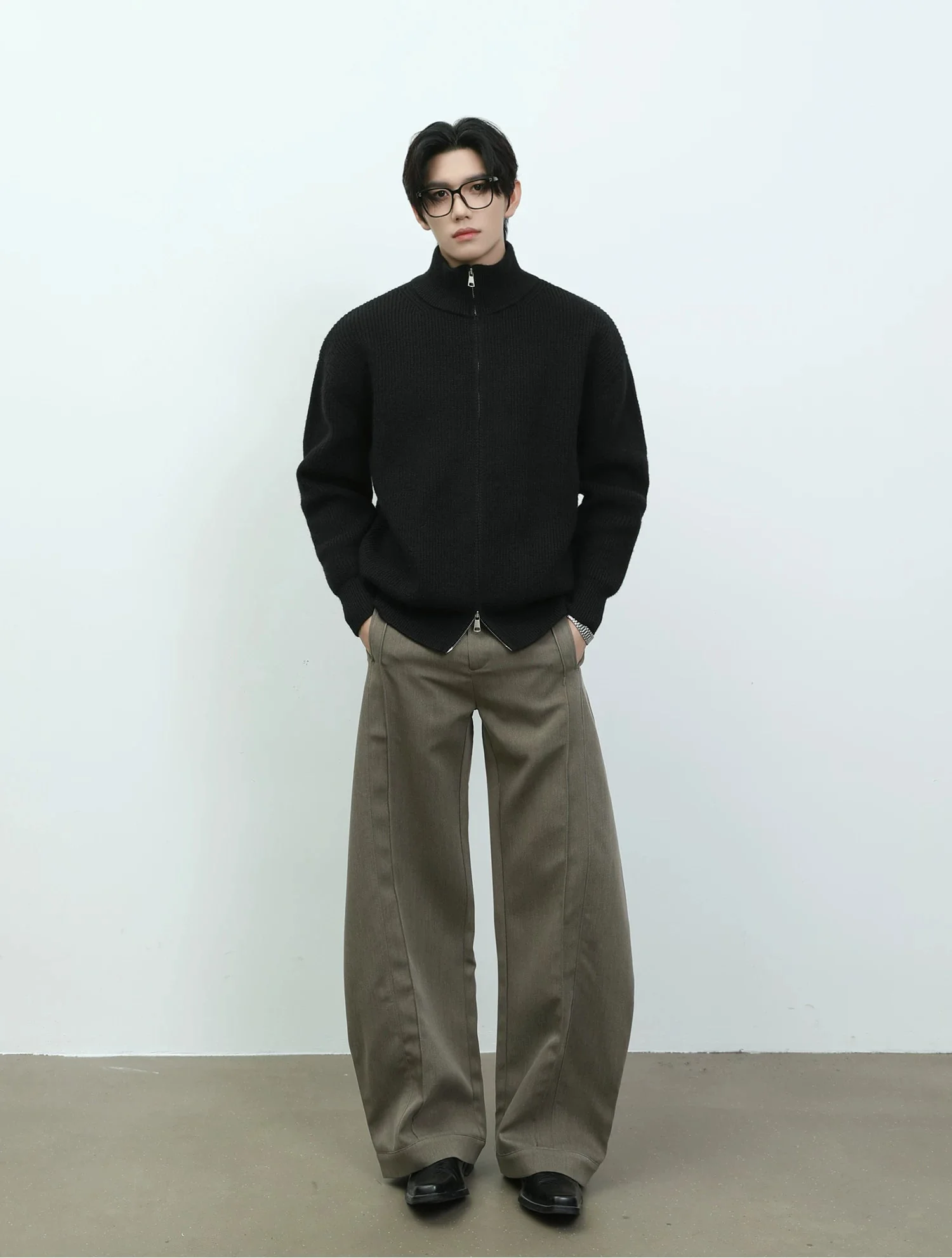 Double Zipper Stand Collar Knit Cardigan - Image 8